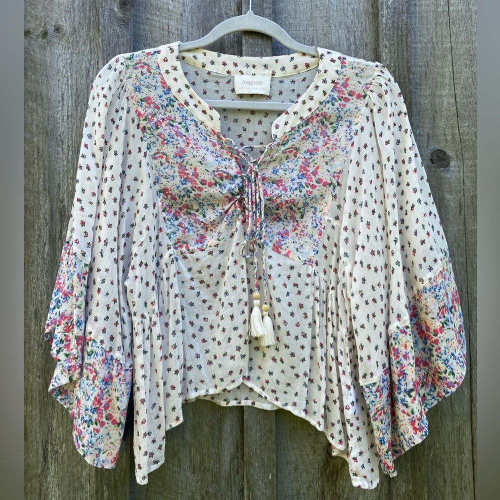 AUGUSTE THE LABEL bohemian flowy tassel floral blouse top size 4